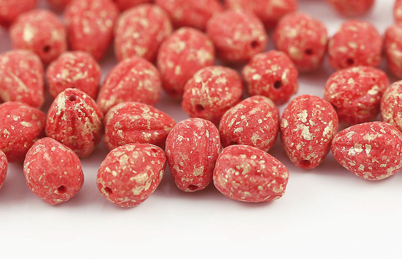 Melon Drops 11×9mm Gold Splash Opaque Coral Red Etched Czech Beads