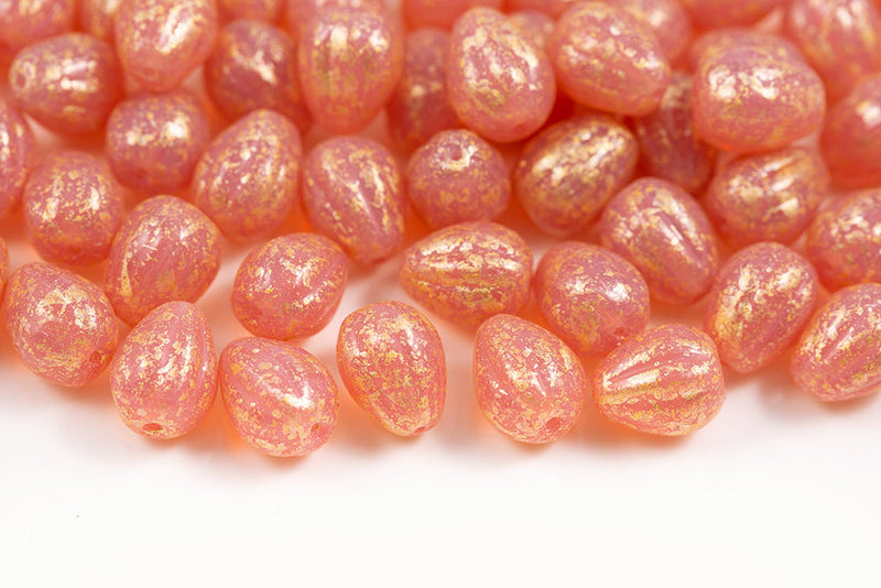 Melon Drops 11×9mm Gold Splash Opal Peach Czech Beads