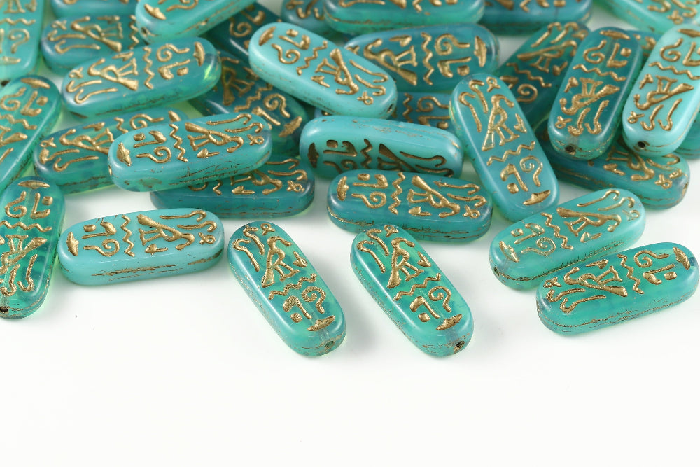 Amulet 25×10mm Opal Blue Green With Gold 1-hole Czech Beads