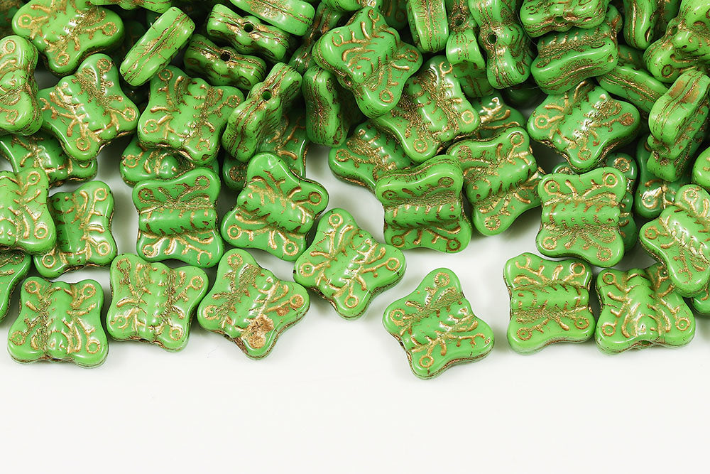 Butterfly 12×12mm Opaque Green With Gold 1-Hole Czech Beads