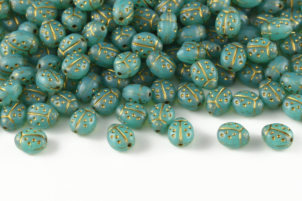 Ladybug 10×7mm Opal Turquoise With Gold 1-Hole Czech Beads