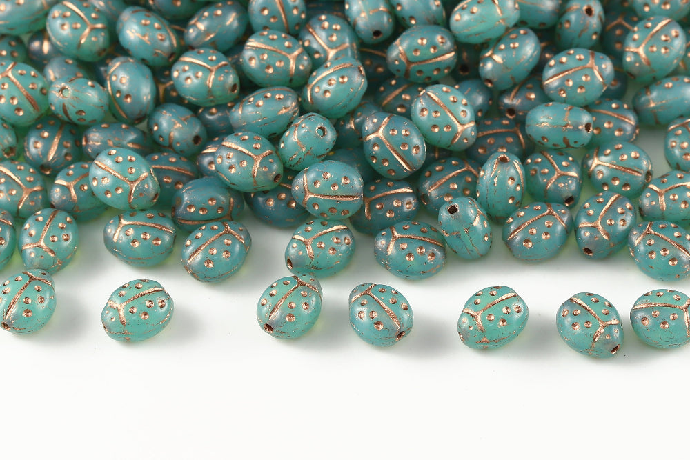 Ladybug 10×7mm Opal Turquoise With Copper 1-Hole Czech Beads