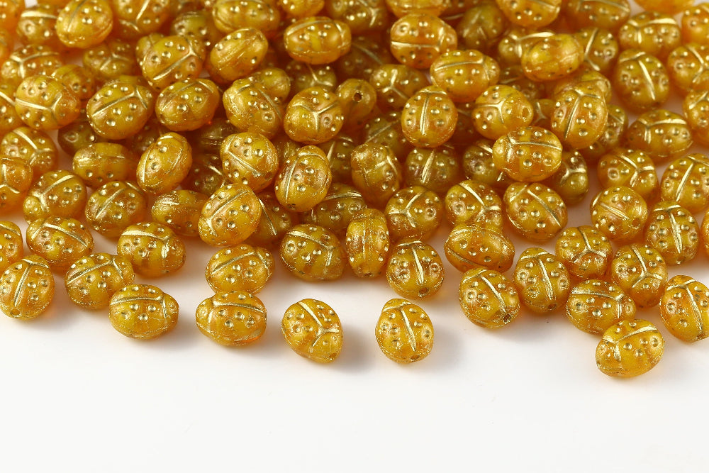 Ladybug 10×7mm Opaque Citrine&Topaz With Gold 1-Hole Czech Beads