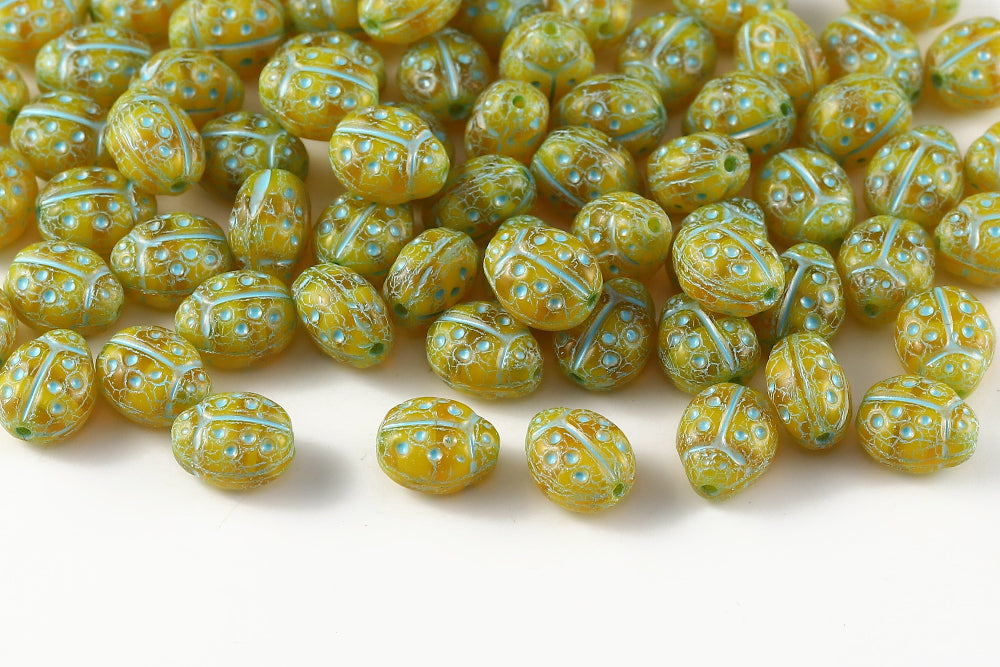 Ladybug 10×7mm Opaque Citrine&Topaz With Blue 1-Hole Czech Beads