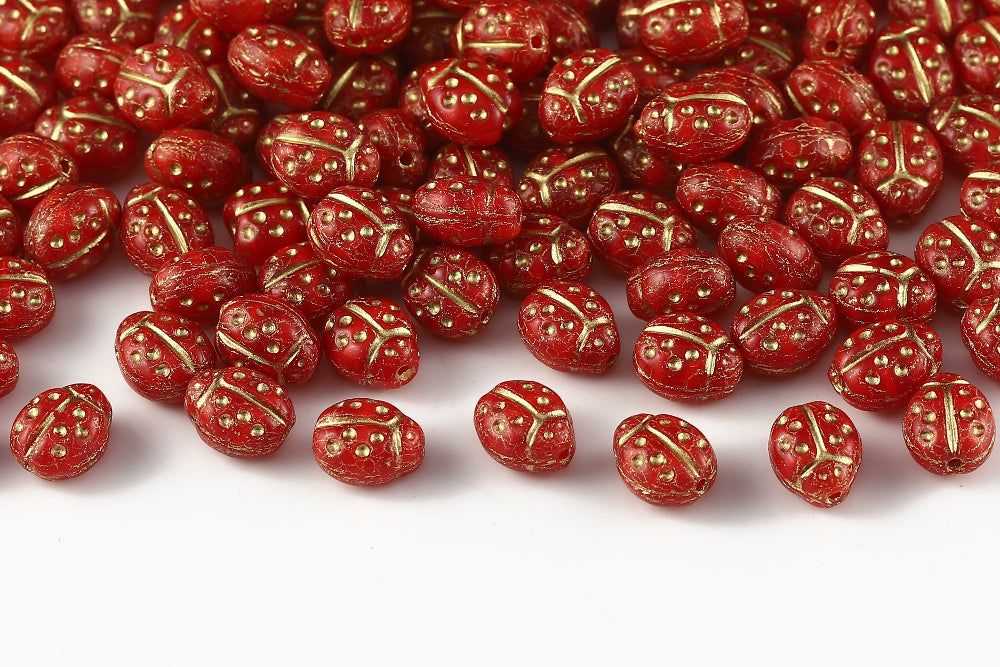 Ladybug 10×7mm Opaque Lt.Siam&Lt.Siam With Gold 1-Hole Czech Beads