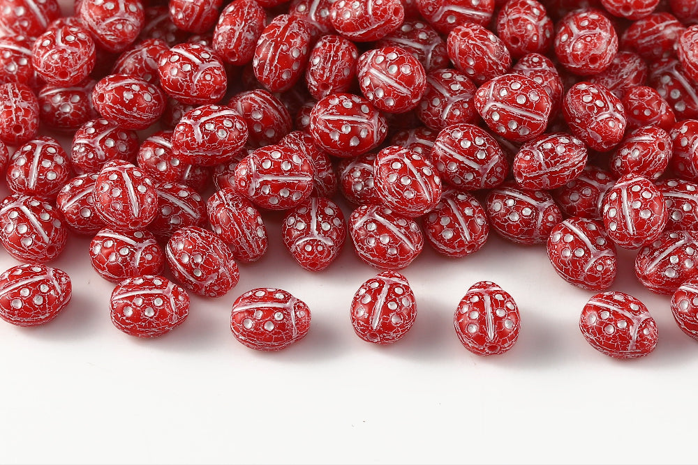 Ladybug 10×7mm Opaque Lt.Siam&Lt.Siam With White 1-Hole Czech Beads
