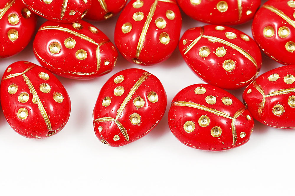 Ladybug 14×11mm Opaque Red With Gold 1-Hole Czech Beads