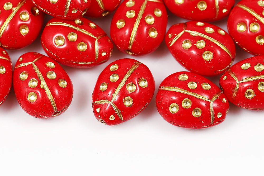 Ladybug 14×10mm Opaque Red With Gold 1-Hole Czech Beads