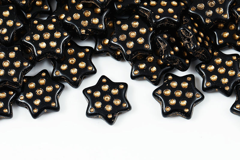 Hexagram 16mm Jet With Gold Czech Glass Beads