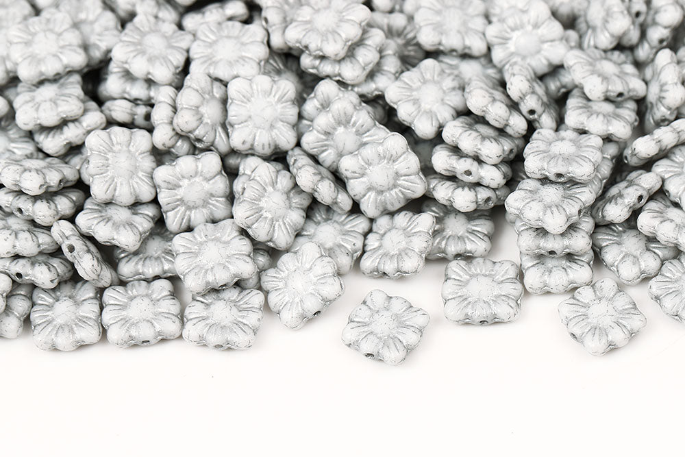 Cookie flowers 11mm Chalk With Silver 1-Hole Czech Beads