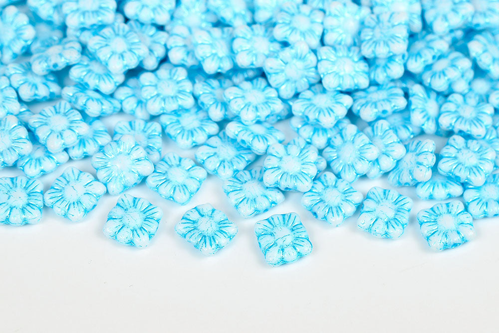 Cookie flowers 11mm Chalk With Blue 1-Hole Czech Beads