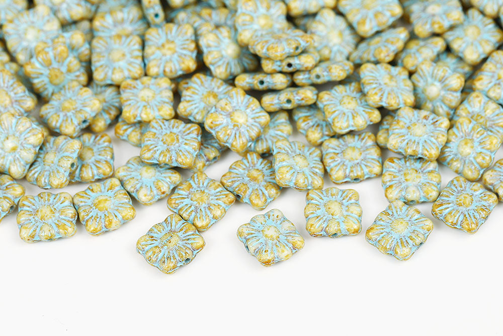 Cookie flowers 11mm Chalk Travertin With Blue 1-Hole Czech Beads