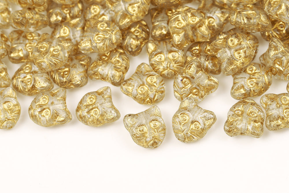 Cat Head 13mm Crystal With Gold 1-Hole Czech Beads