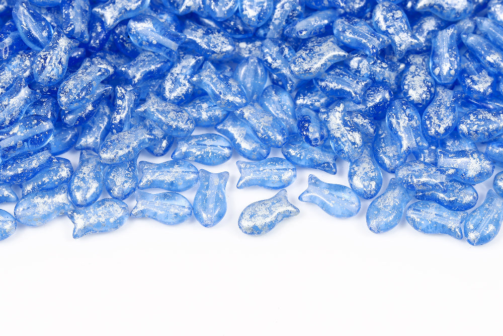 Fish Cookies 10×6mm Sapphire Silver Splash 1-Hole Czech Beads
