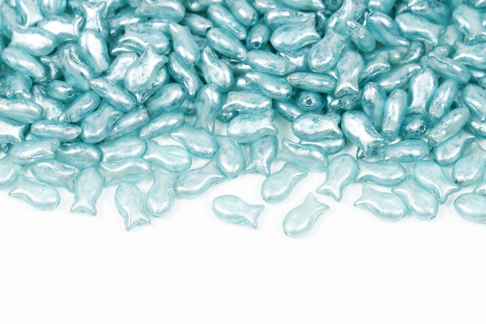 Fish Cookies 10×6mm Lt.Aquamarine Silver Powder 1-Hole Czech Beads