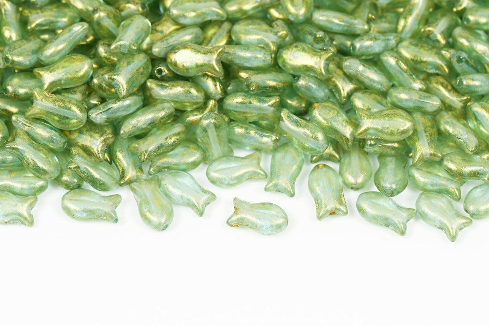 Fish Cookies 10×6mm Lt.Aquamarine Gold Powder 1-Hole Czech Beads
