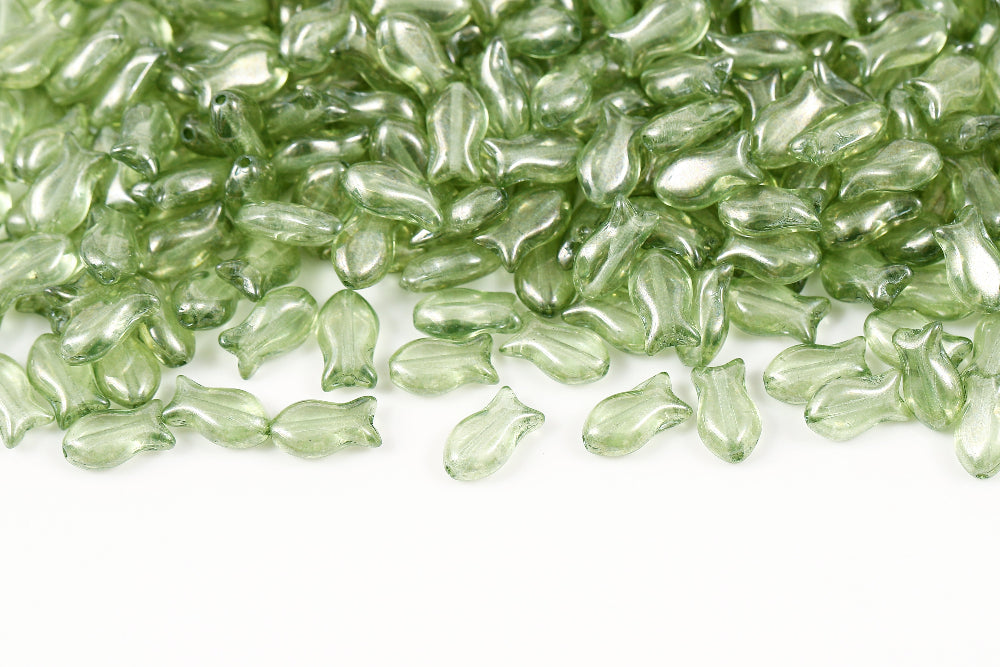 Fish Cookies 10×6mm Crystal Green Luster 1-Hole Czech Beads