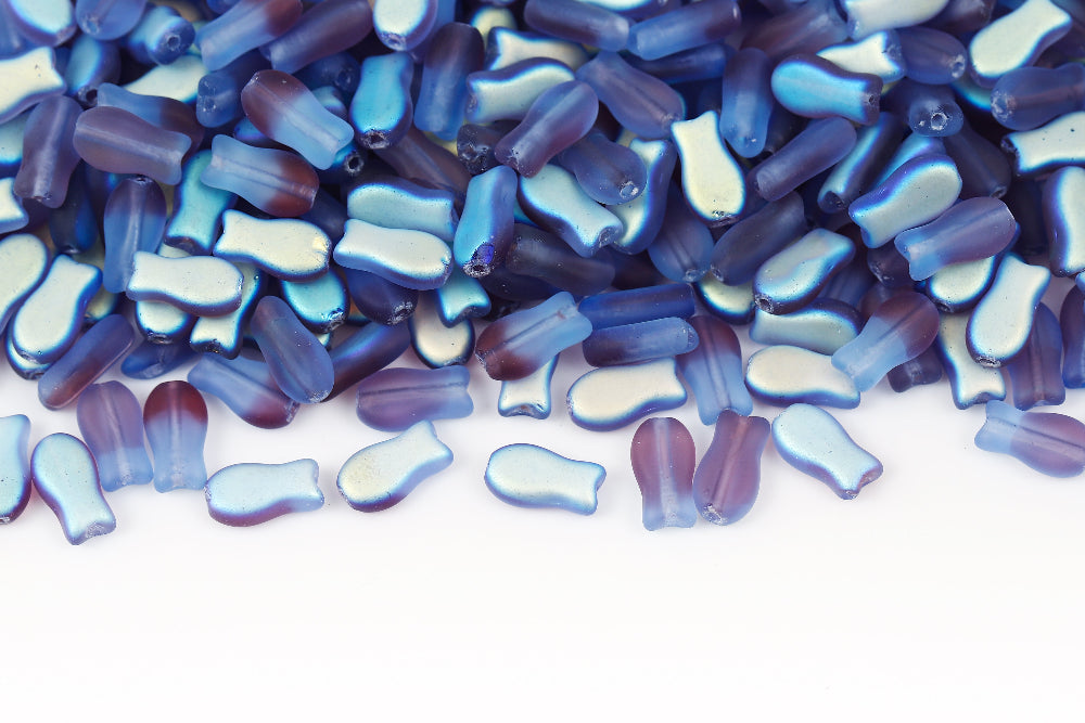 Fish Cookies 10×6mm blue and purple AB Matt 1-Hole Czech Beads