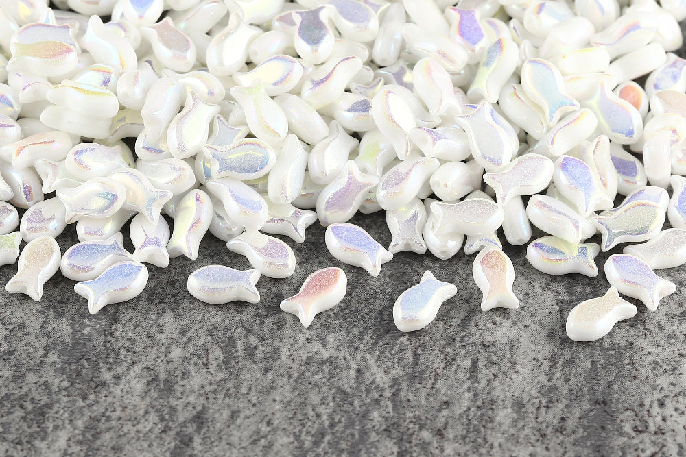 Fish Cookies 10×6mm Alabaster AB Full 1-Hole Czech Beads