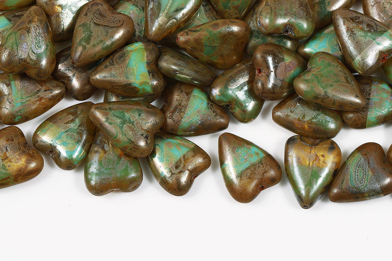 Heart 16×13mm Crystal Turquoise Green Mixed Picasso Czech Beads