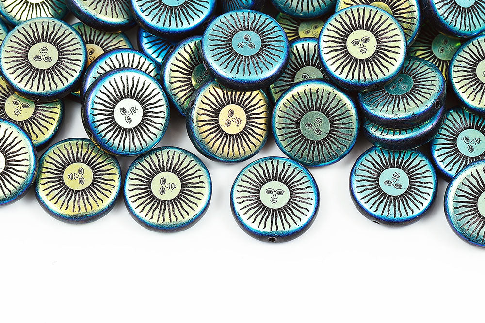 Sun 15mm Black AB 1-hole Czech Beads