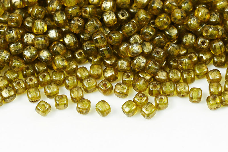 Cube 4×4mm Olivine Green Gold Speckle Finish 1-Hole Czech Beads