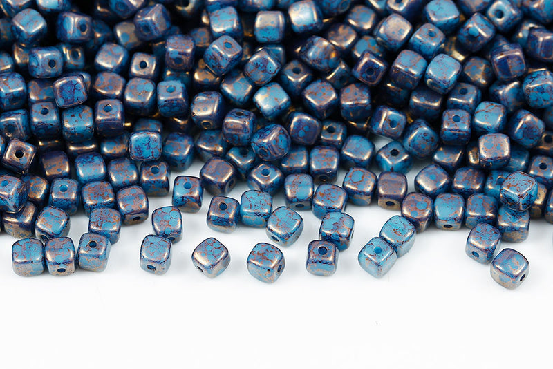 Cube 4×4mm Turquoise Blue With Gold Marble Finish Czech Beads