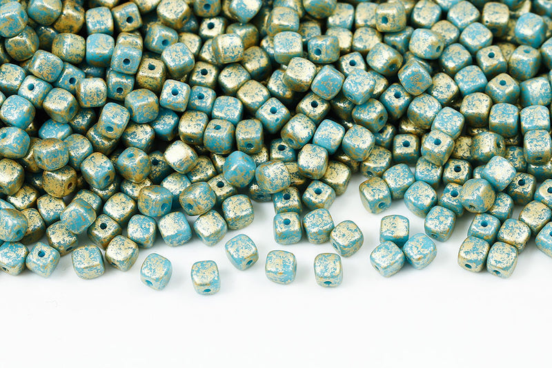 Cube 4×4mm Gold Splash Peacock Turquoise Blue Czech Beads