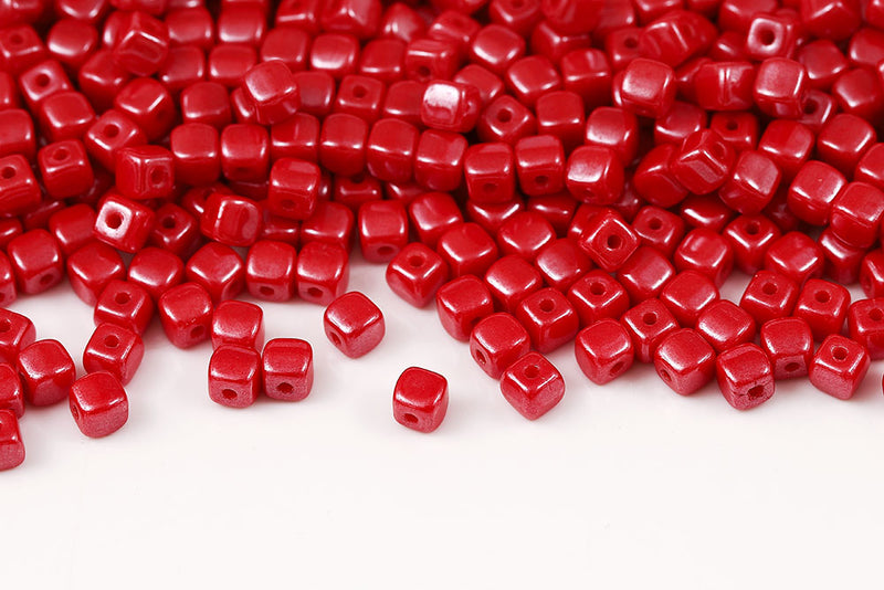 Cube 4×4mm Opaque Coral Red Luster 1-Hole Czech Beads