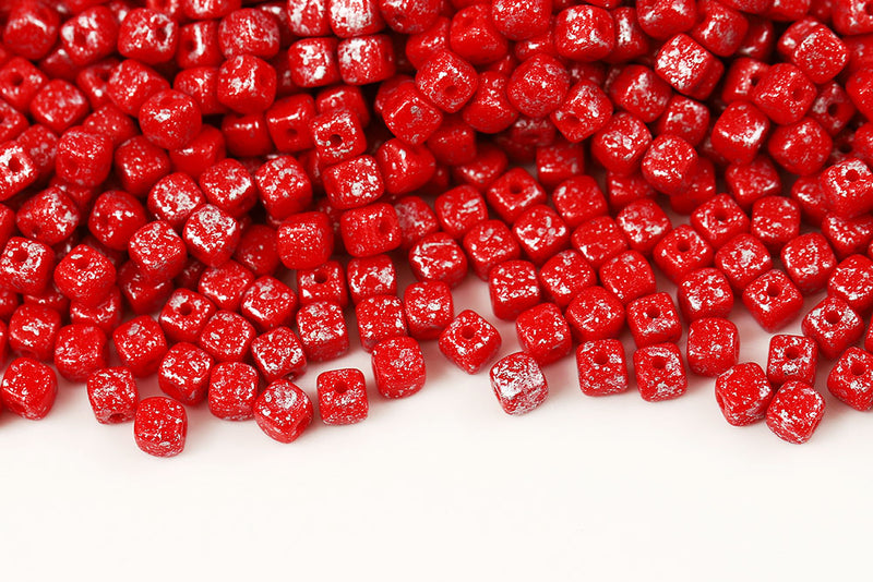 Cube 4×4mm Silver Splash Opaque Coral Red Czech Beads