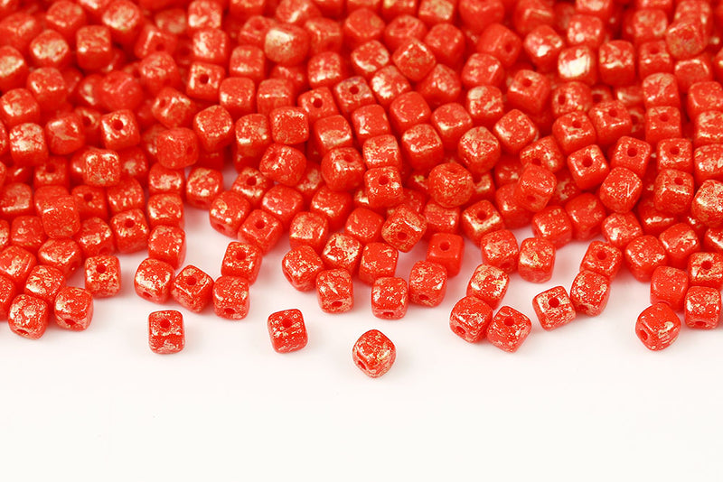 Cube 4×4mm Gold Splash Red 1-Hole Czech Beads