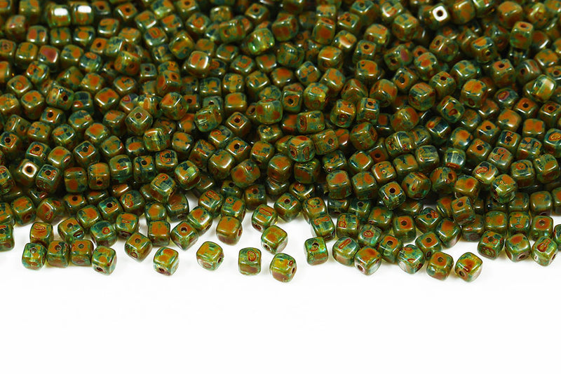 Cube 4×4mm Aquamarine Travertin 1-Hole Czech Beads