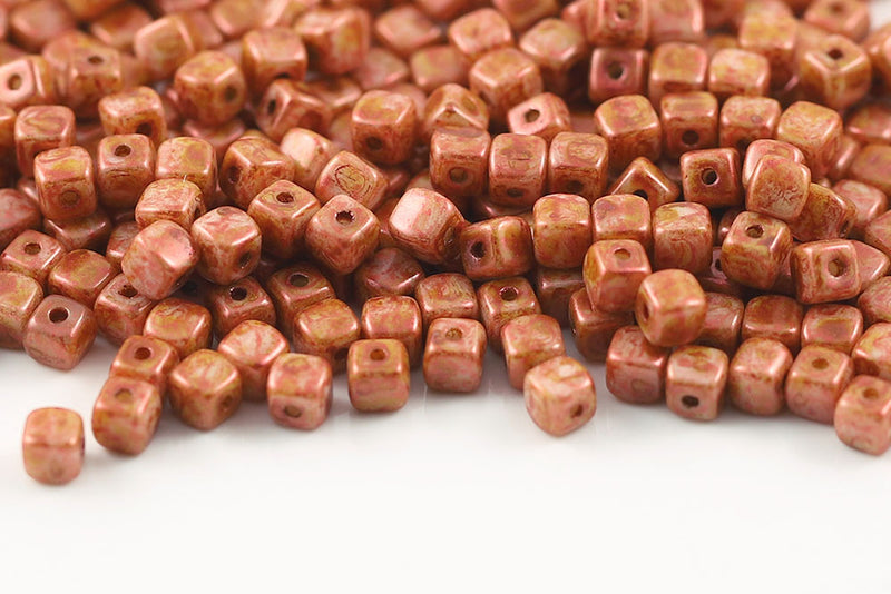 Cube 4×4mm Chalk Orange Marble Finish 1-Hole Czech Beads