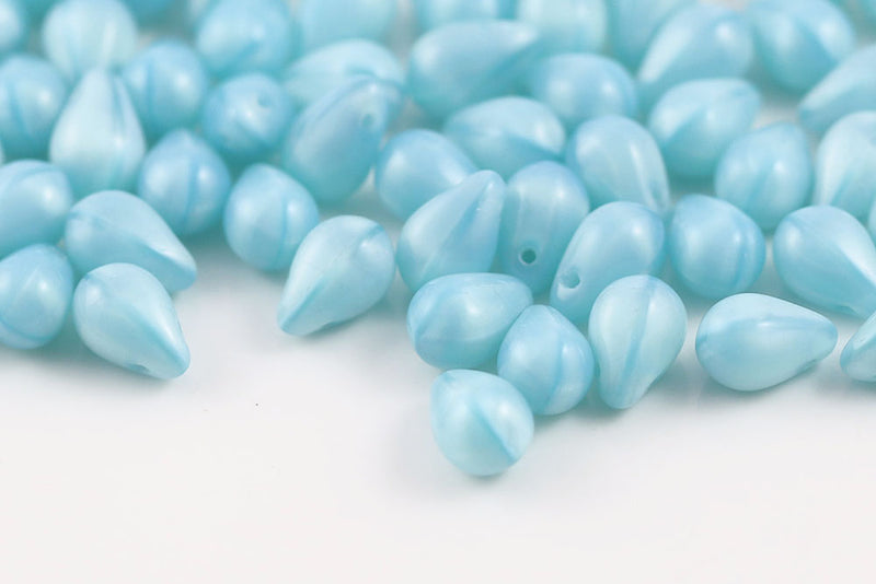 Drops 6×9mm Opal Silk Aqua Czech Glass Beads