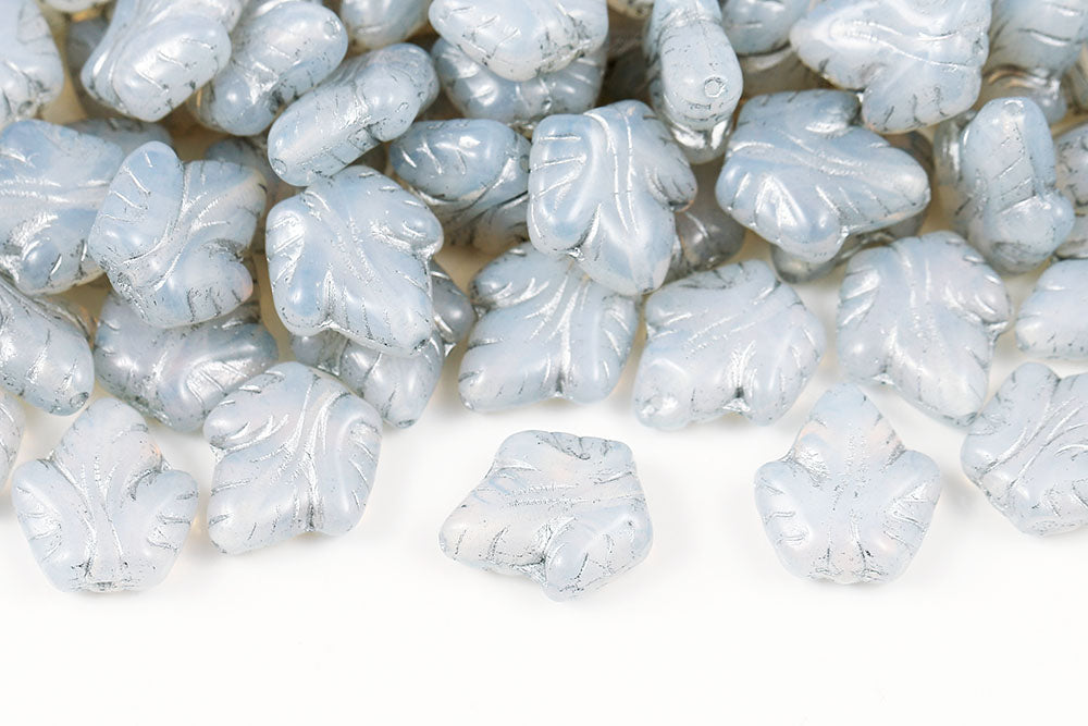 Grape Leaves 16×14mm Opal White With Silver 1-Hole Czech Beads