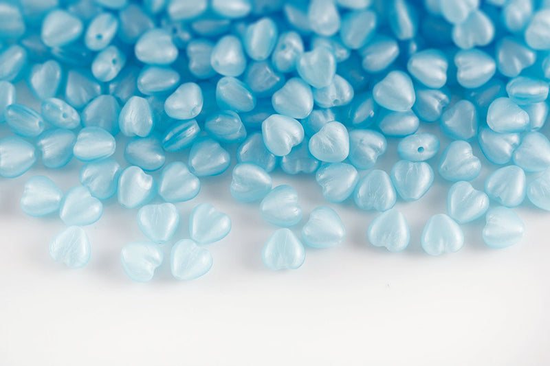 Heart 6mm Opal Silk Blue Czech Glass Beads