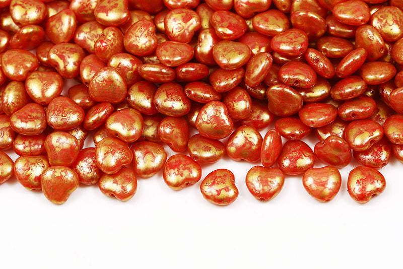 Heart 8mm Opaque White Red Mixed Gold Speckle Finish Czech Beads