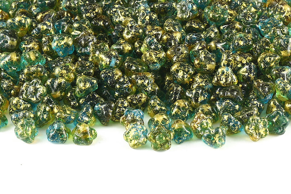 Button Flower 7mm Gold Splash Topaz Blue Mixed 1-Hole Czech Beads