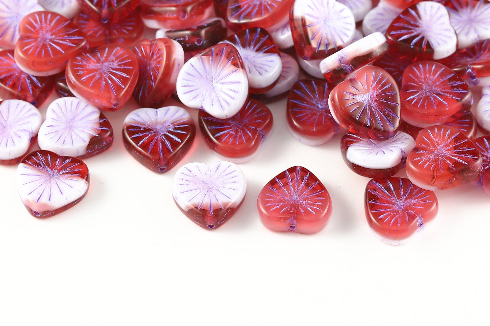 Heart 14mm Chalk Red Mixed With Metallic Purple 1-Hole Czech Beads