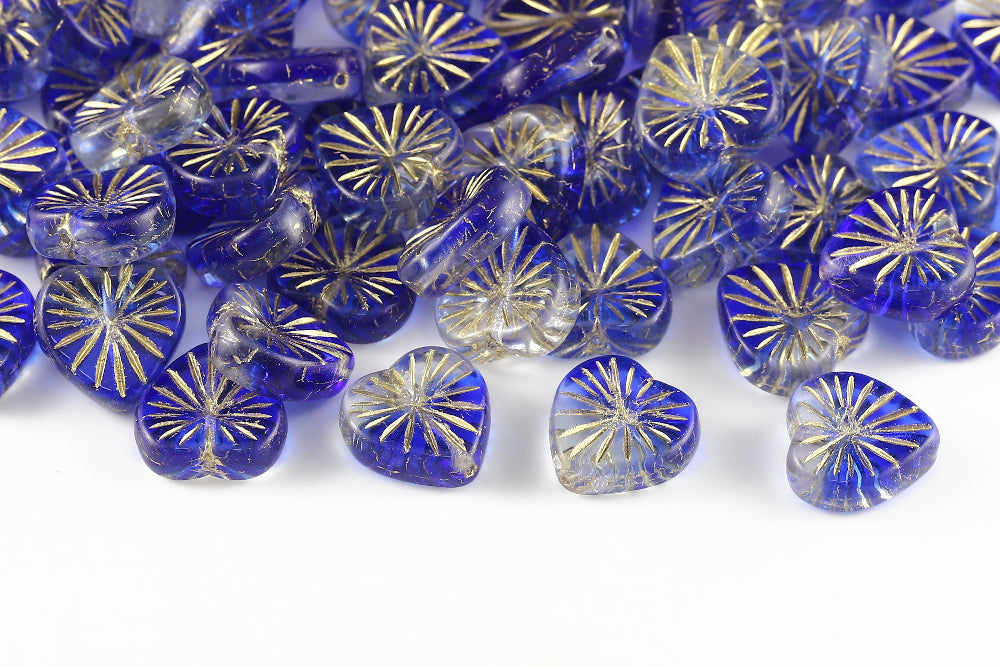 Heart 14mm Translucent Sapphire Mixed With Gold 1-Hole Czech Beads