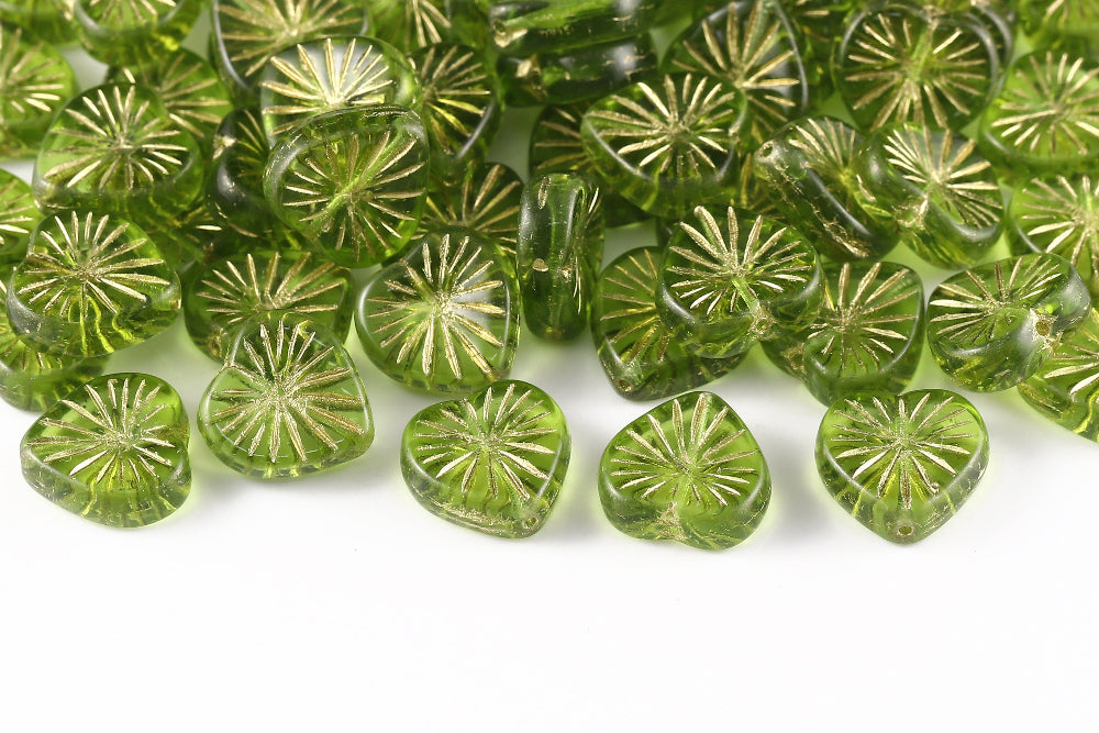 Heart 14mm Crystal Peridot With Gold 1-Hole Czech Beads