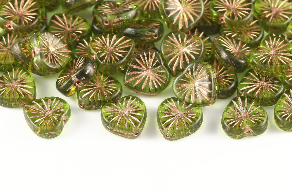 Heart 14mm Crystal Peridot With Copper 1-Hole Czech Beads