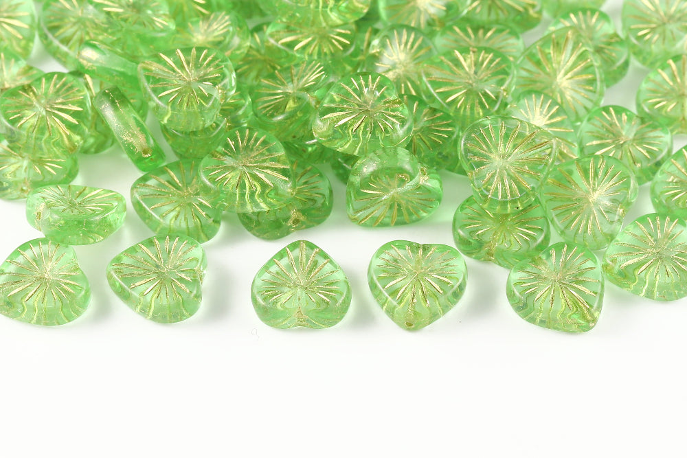 Heart 14mm Crystal Peridot With Gold 1-Hole Czech Beads
