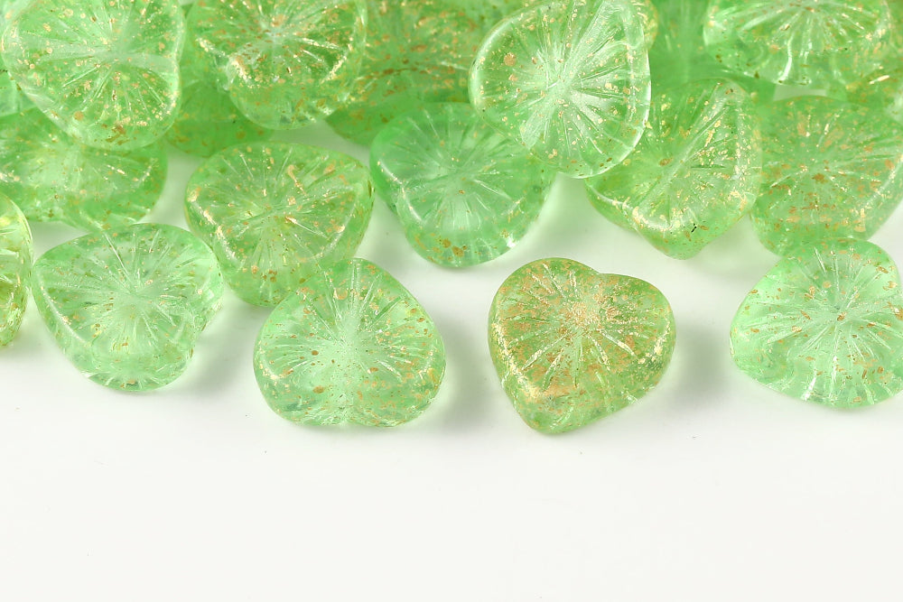 Heart 14mm Crystal Peridot Gold Splash 1-Hole Czech Beads