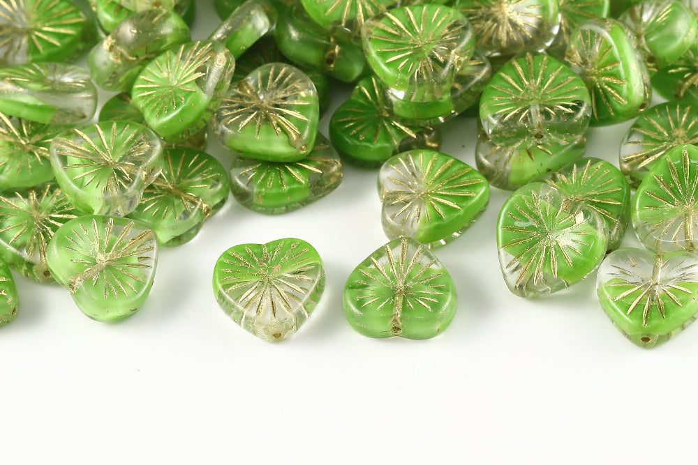 Heart 14mm Crystal Verdant Mixed With Gold 1-Hole Czech Beads