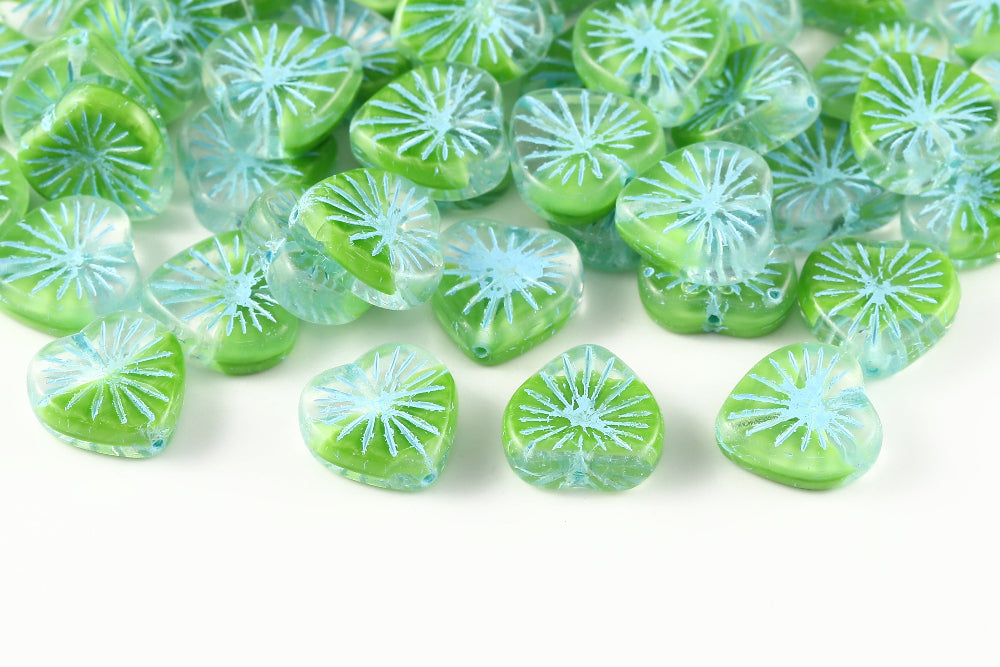 Heart 14mm Crystal Verdant Mixed With Blue 1-Hole Czech Beads