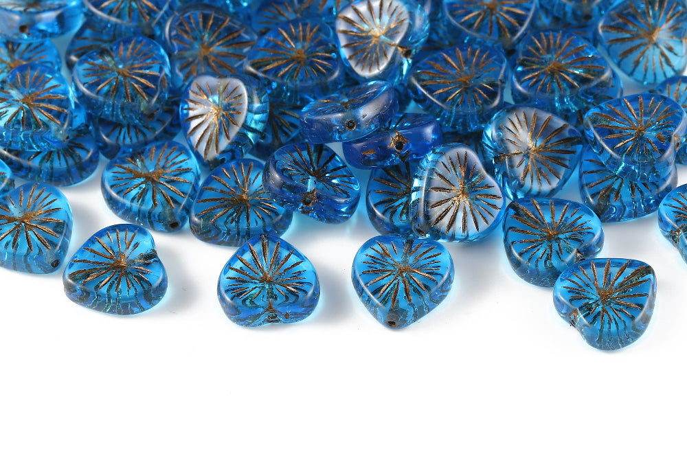 Heart 14mm Aquamarine Dark With Copper 1-Hole Czech Beads