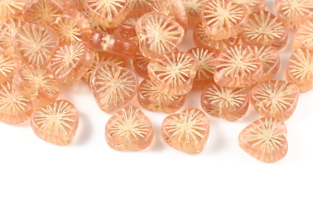 Heart 14mm Rose Peach With Yellow 1-Hole Czech Beads