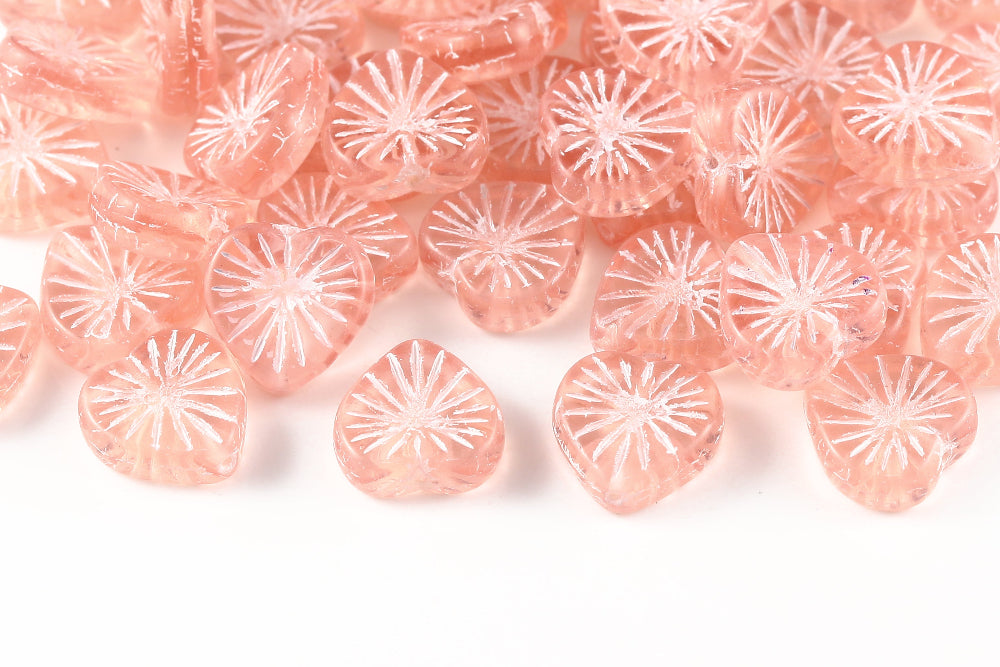Heart 14mm Rose Peach With White 1-Hole Czech Beads