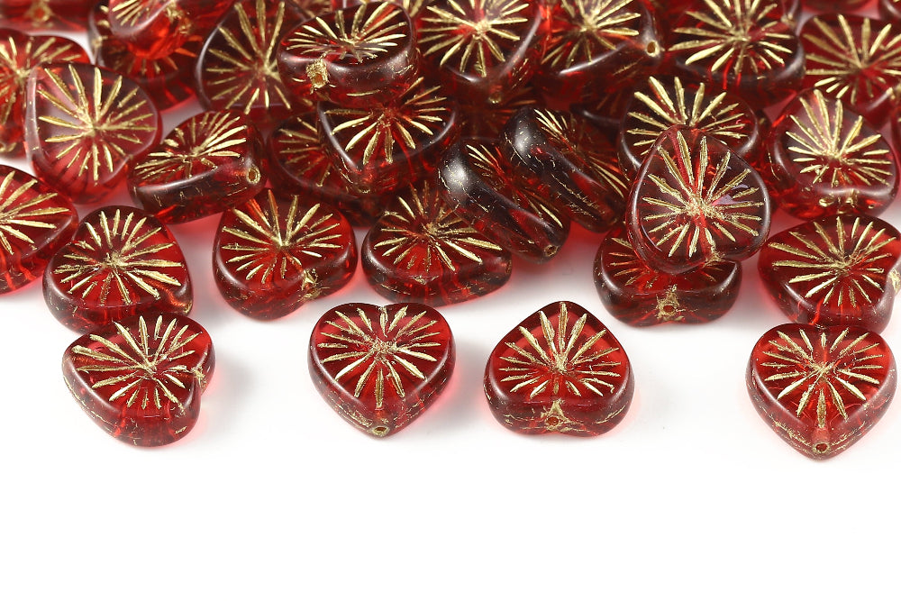 Heart 14mm Bordeaux Red With Gold 1-Hole Czech Beads